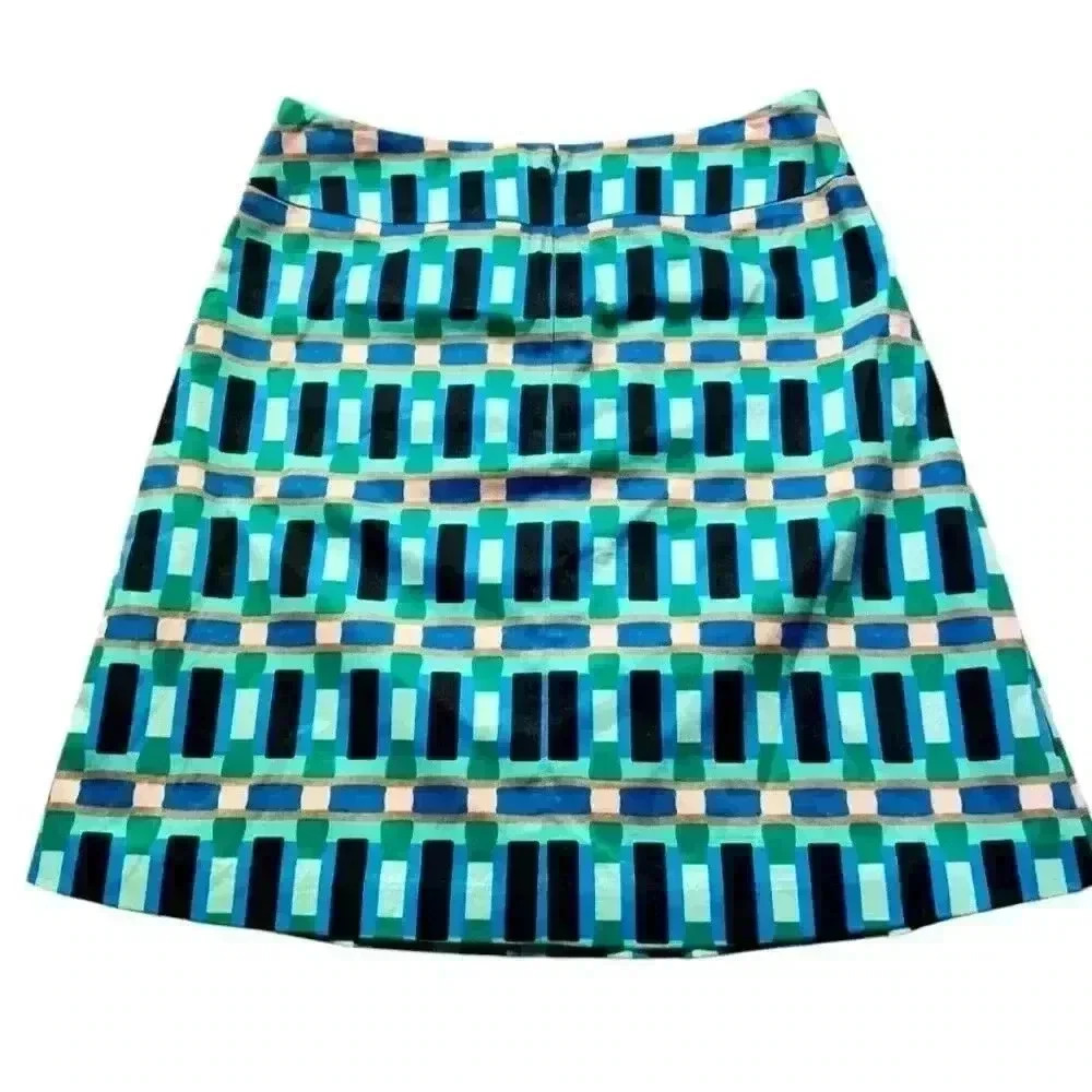 Ann Taylor Blue Multicolor Geometric Cotton Pleated A‎ Line Skirt Size 6